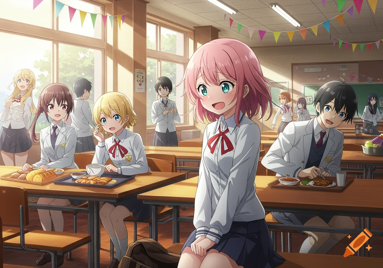 Anime students in a school cafeteria, with some eating and others socializing.