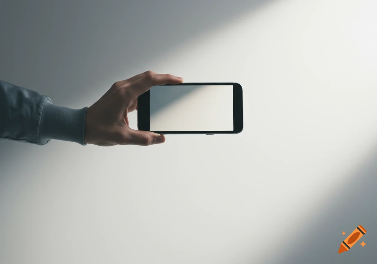 A hand holds a black smartphone horizontally with a blank white screen against a light gray background.