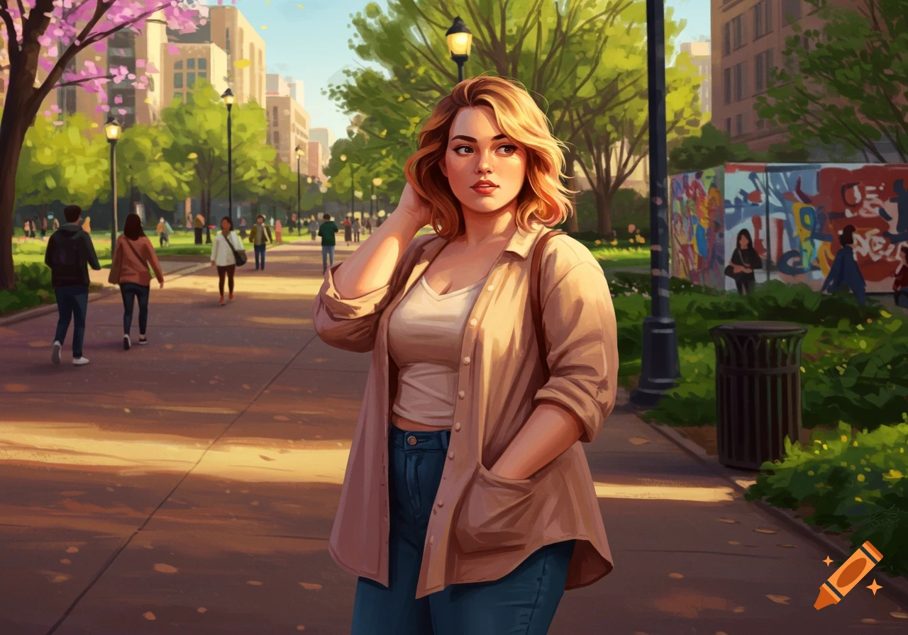 A digital painting of a woman with blonde hair standing in a sunny park with trees and buildings in the background.