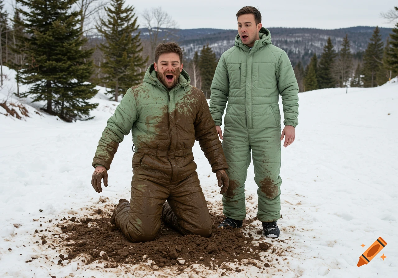 Two men in green ski suits in the snow, one kneeling covered in mud, the other standing shocked.