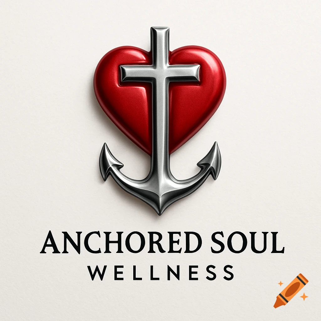 A logo featuring a silver cross in a red heart atop a silver anchor, with 'Anchored Soul Wellness' text.