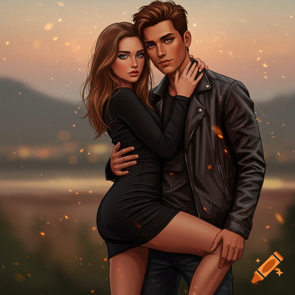 Digital art illustration of a young couple embracing, with the woman in a black dress and the man in a leather jacket, against a blurred, warm-toned background.