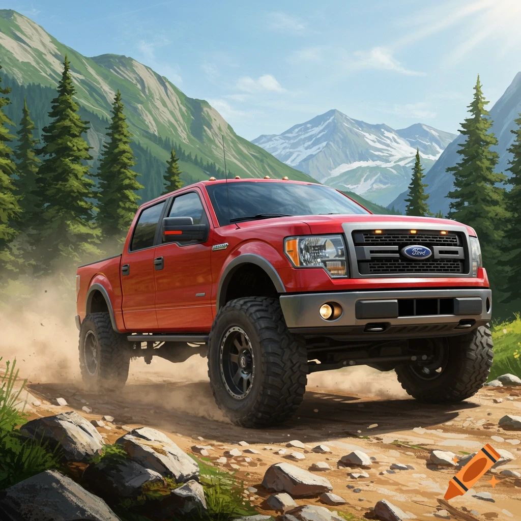 A red Ford pickup truck with high suspension drives on a dusty dirt road through a mountainous forest.