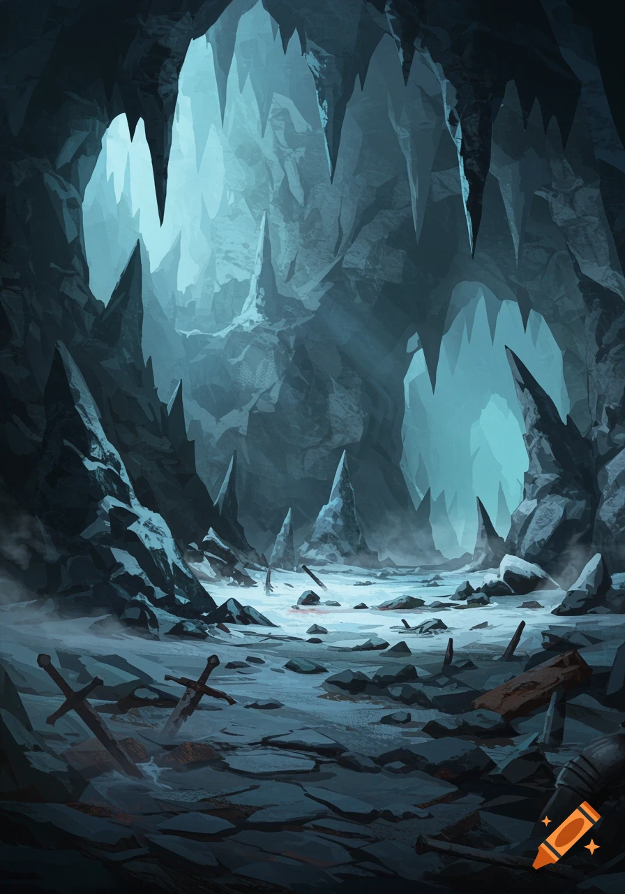A dark, icy cave with jagged rock formations, a snowy floor, and broken swords scattered among the debris.
