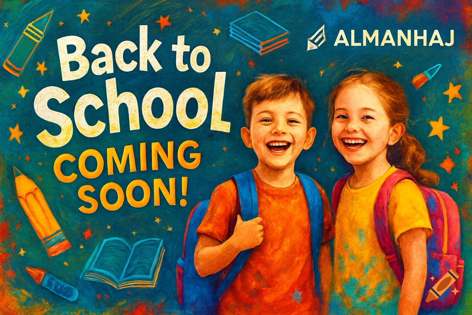Two happy children with backpacks in a colorful 'Back to School Coming Soon!' ad with school items.