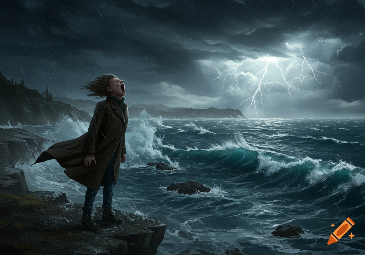 A person screams on a rocky cliff overlooking a stormy ocean with crashing waves and lightning in a dark, rainy sky.