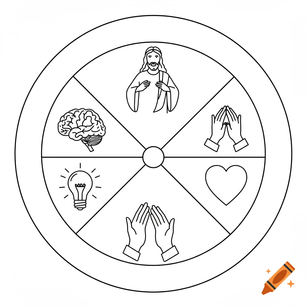 A black and white line art image of a wheel with a central circle and five sections. The sections contain illustrations of Jesus, a brain, a lightbulb, two open hands, a heart, and two praying hands.