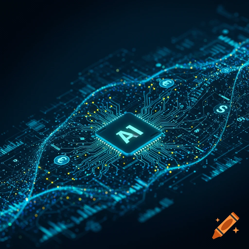 A glowing blue and yellow circuit board with a central AI chip and abstract financial symbols, in a sleek, digital art style.