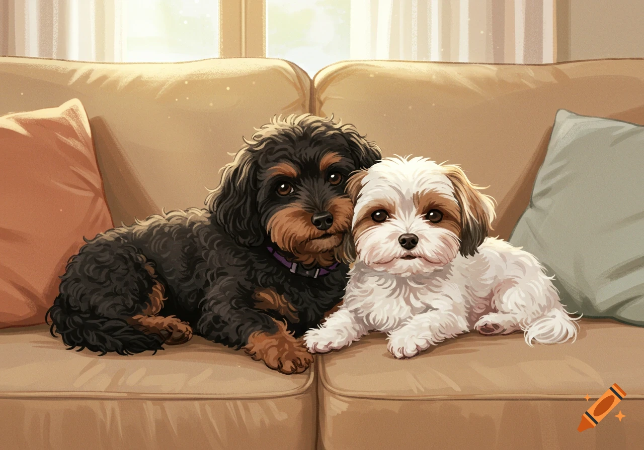 Two fluffy cartoon dogs, one black and one white with brown patches, cuddling on a cozy beige couch in a warm living room.