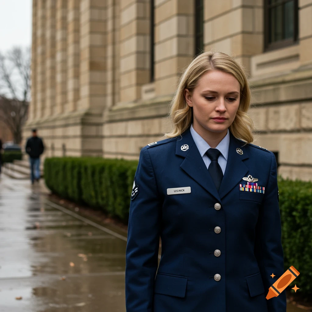 A solemn blonde woman in a dark blue Air Force uniform stands outside a large stone building on a wet day, looking down.