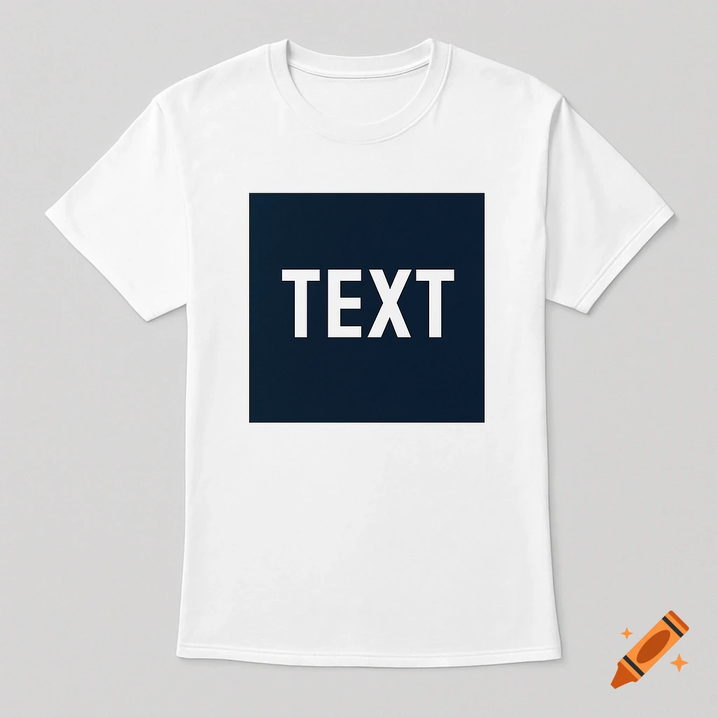 White t-shirt with a dark navy square print on the chest, featuring the word TEXT in white.