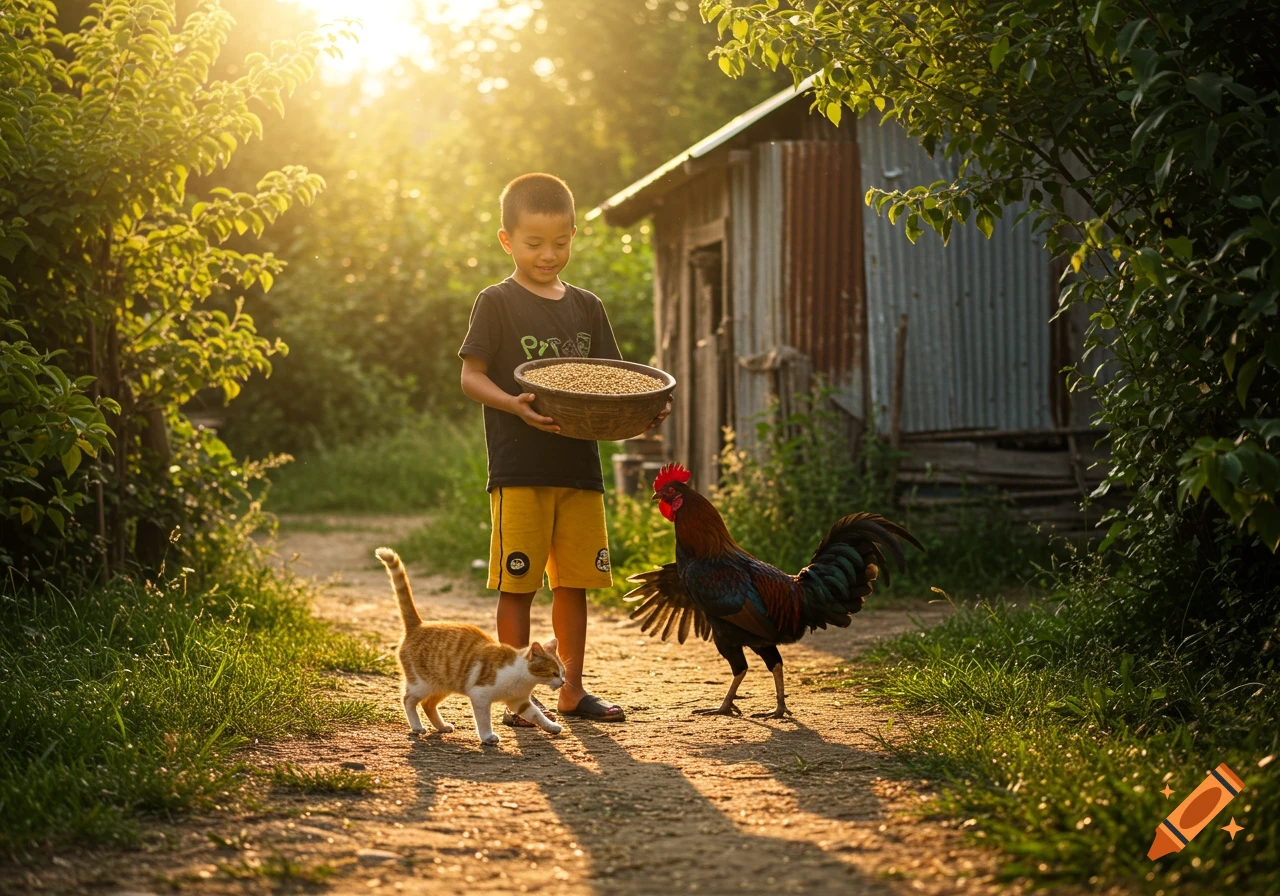 A smiling boy holds a bowl of grain while an orange cat and a rooster interact in a sunny rural yard, with a tin-roof house in the background.