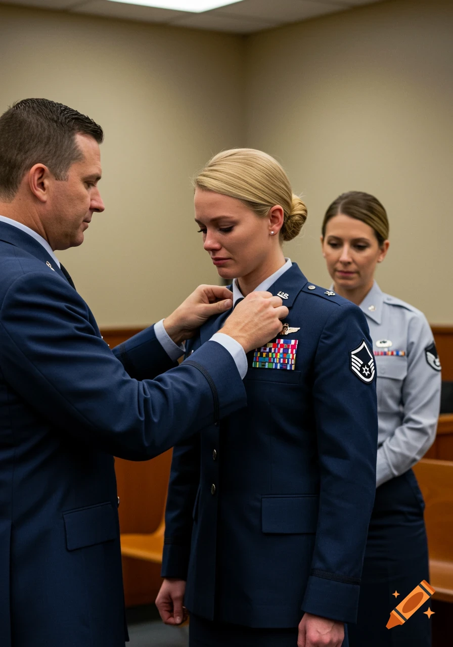 A man in an Air Force uniform adjusts the rank on a woman's uniform, who looks crestfallen. Another woman in uniform stands behind them.