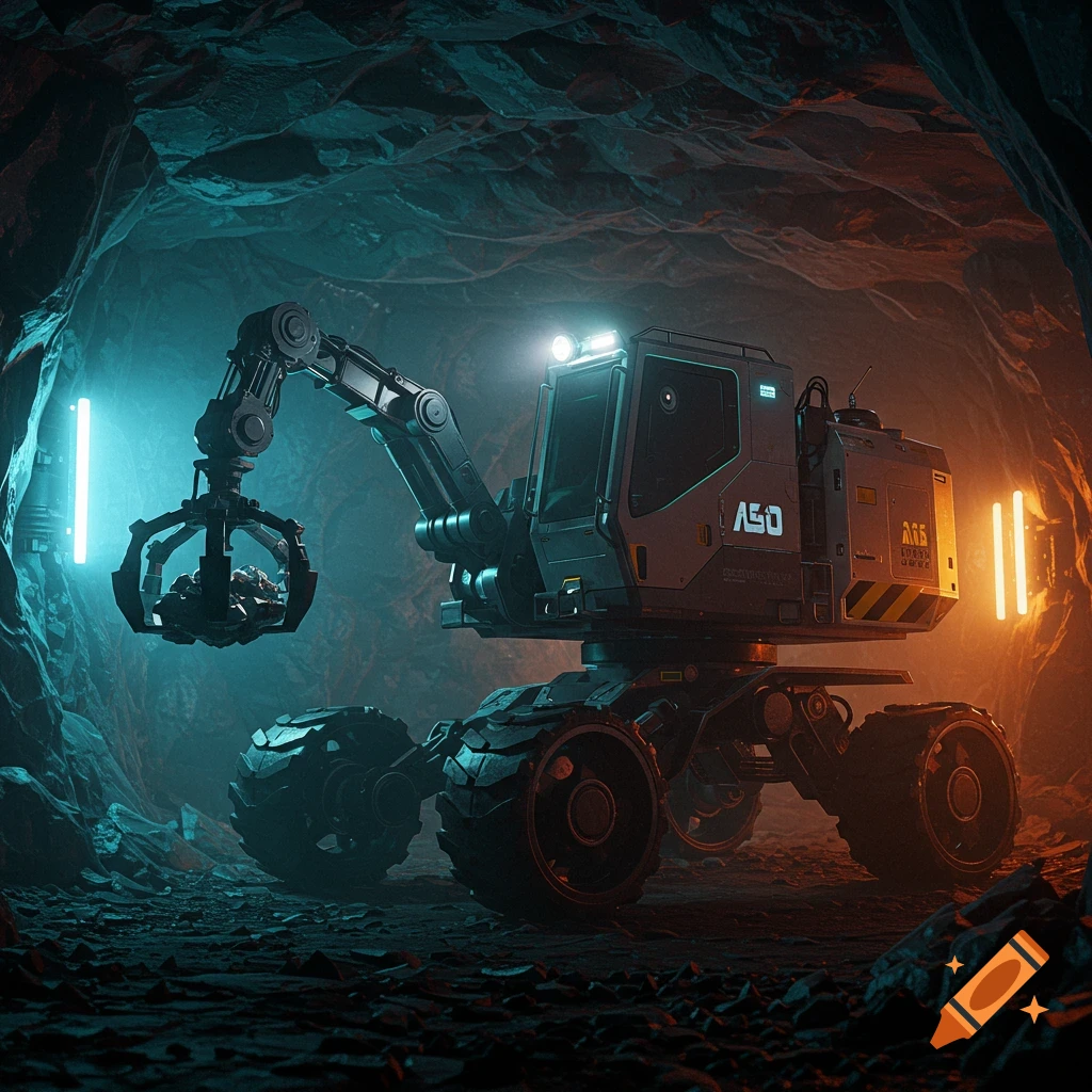 A futuristic mining robot with wheels and a robotic arm operates in a dimly lit cave, illuminated by blue and orange light sources.