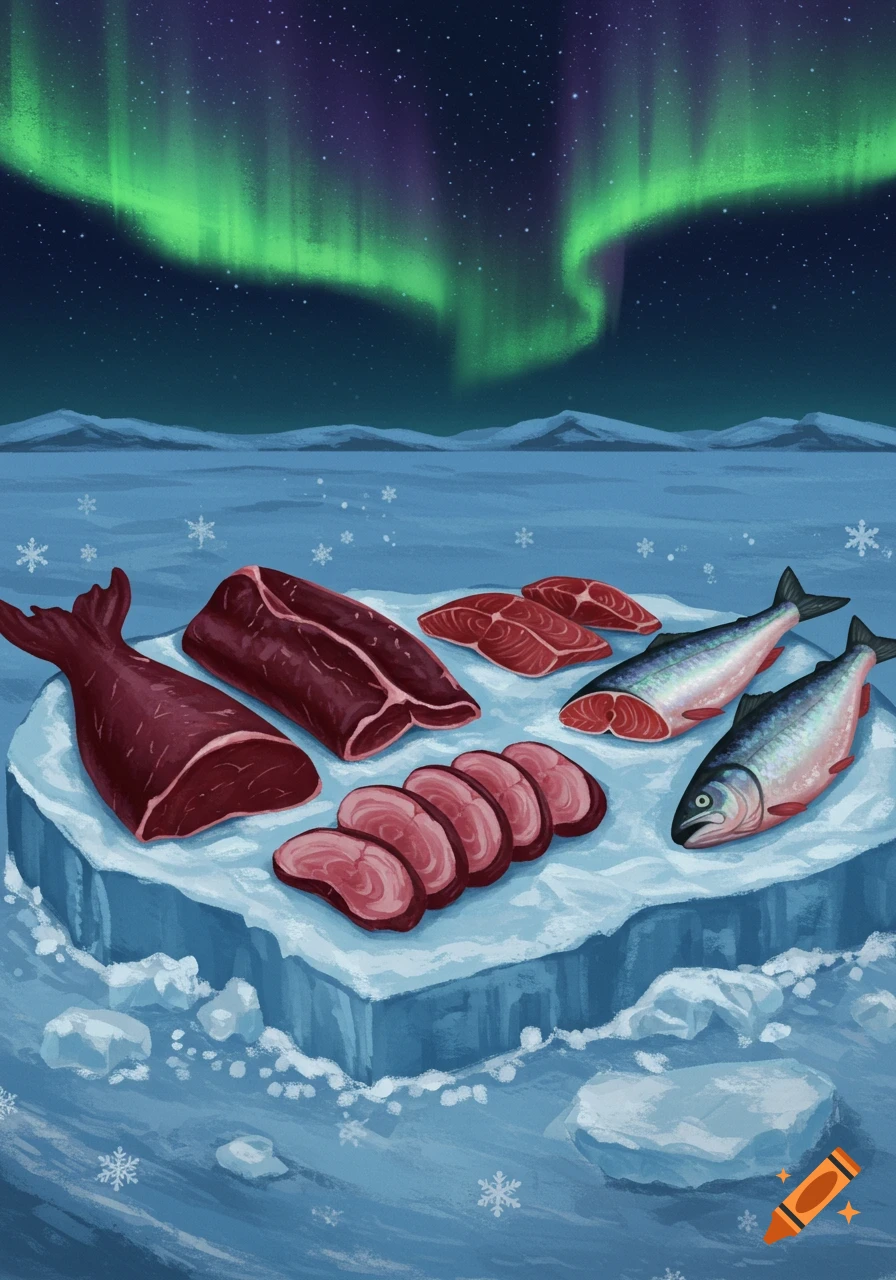 Raw meat and fish on an ice floe under a vibrant aurora borealis sky.