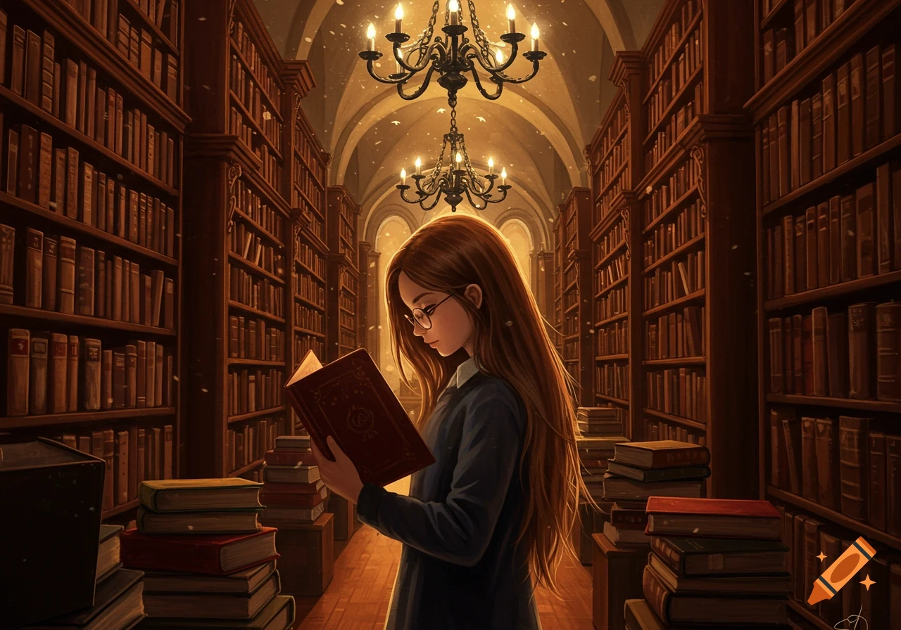 An illustrative image of a girl with long brown hair and glasses reading a book in a vast, ornate library with glowing chandeliers.