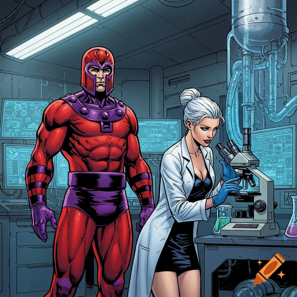 Magneto stands in a futuristic lab while a female scientist in a lab coat and mini skirt looks into a microscope.