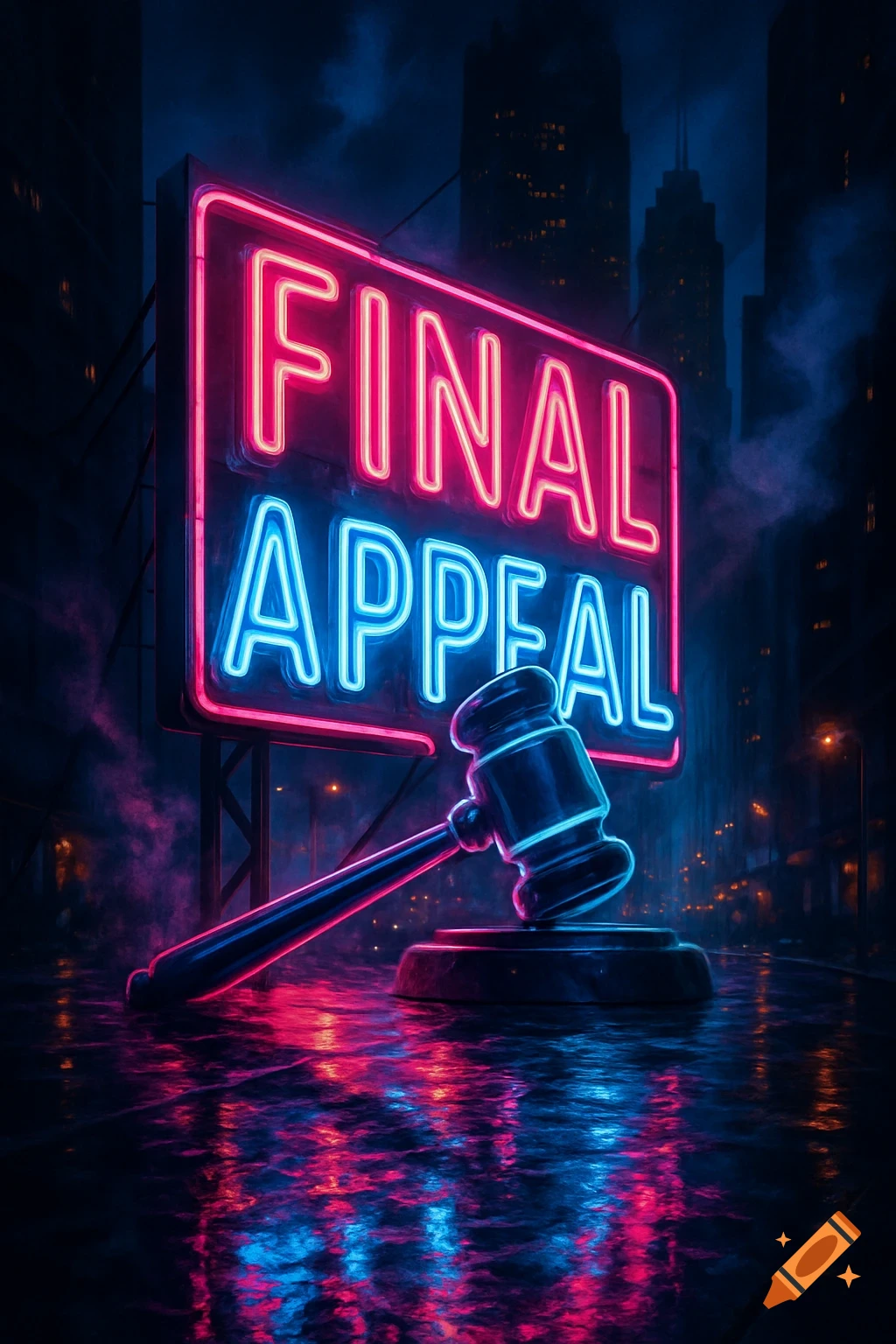 A vibrant neon sign reading 'FINAL APPEAL' with a gavel lying below, reflecting on a wet, dark city street at night.