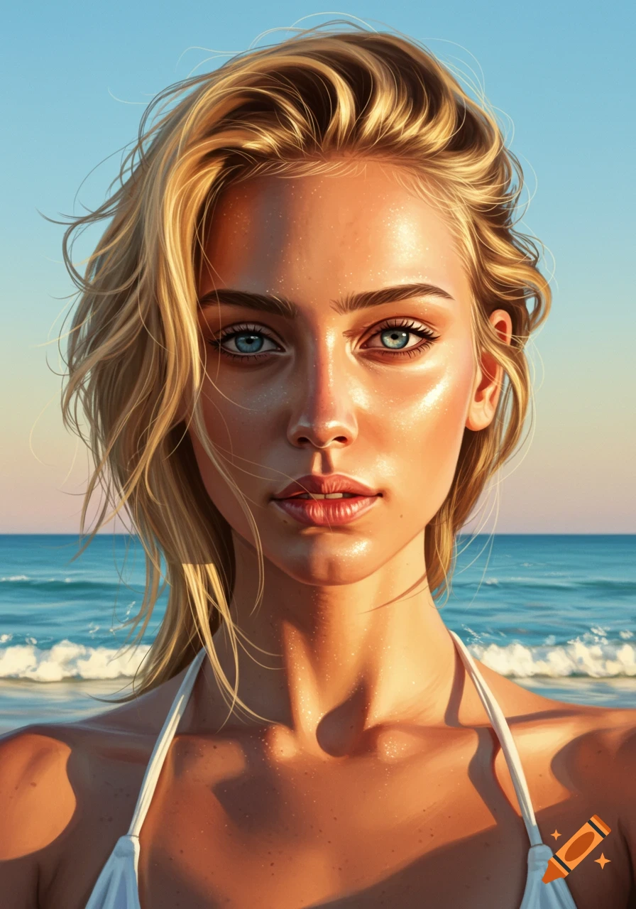 Closeup photorealistic portrait of a blonde woman with blue eyes on a beach, ocean in the background.