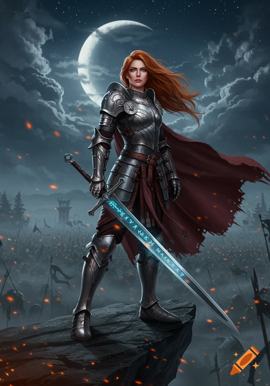 A female fantasy warrior in gleaming armor stands on a rock holding a glowing sword, with an army and a large moon in the background.
