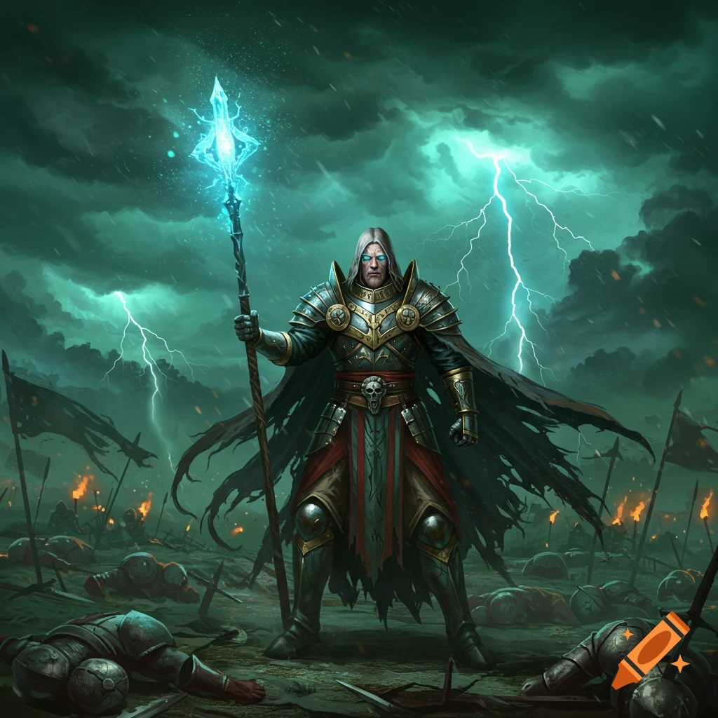 A heavily armored fantasy warrior with a glowing blue staff stands on a stormy battlefield littered with fallen soldiers and banners under a lightning-filled sky.