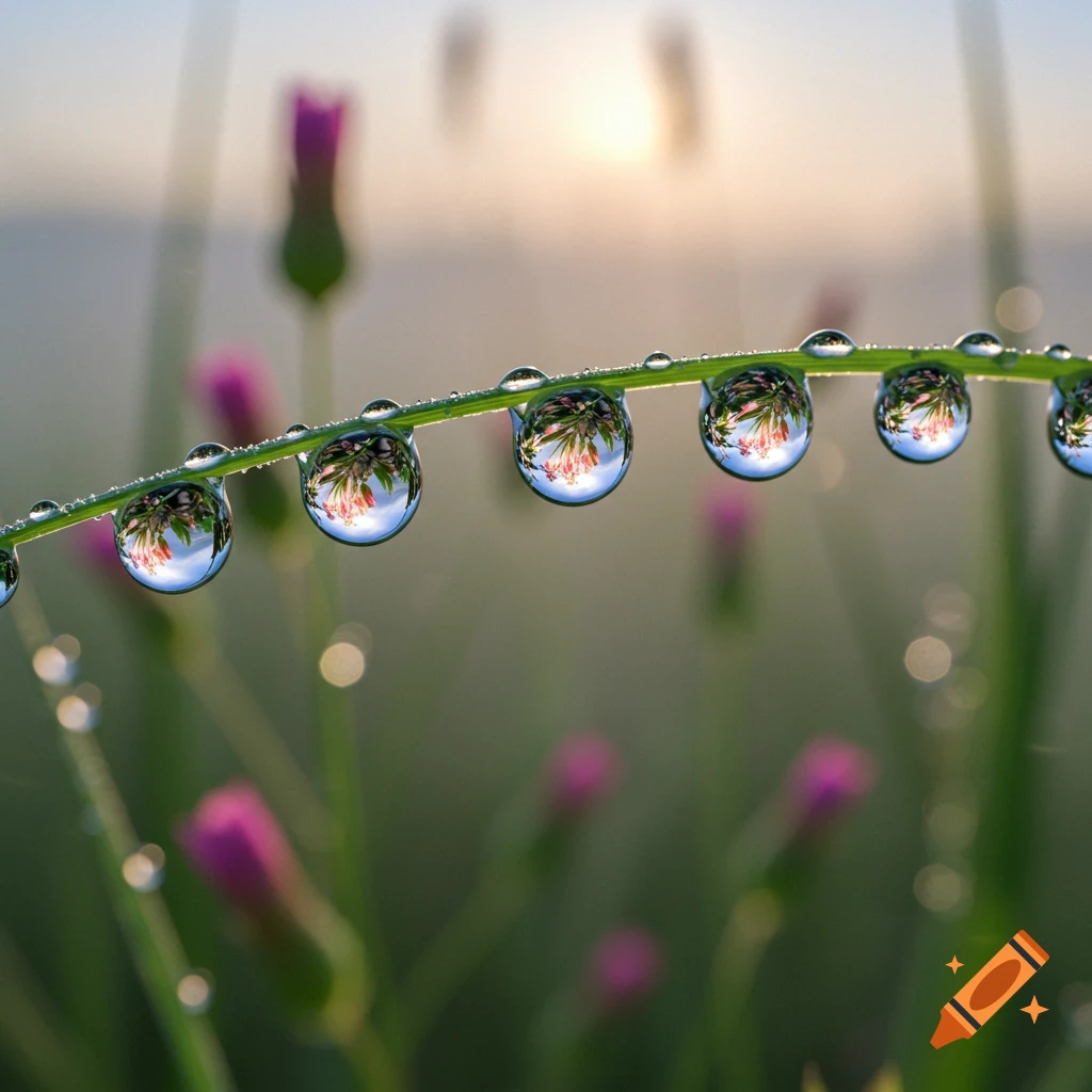 Close-up of water drops on a green blade of grass, each reflecting pink flowers with a blurred sunrise background.