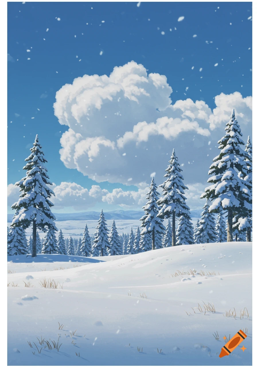 A serene winter landscape with snow-covered pine trees under a bright blue sky with large white clouds, and falling snow.