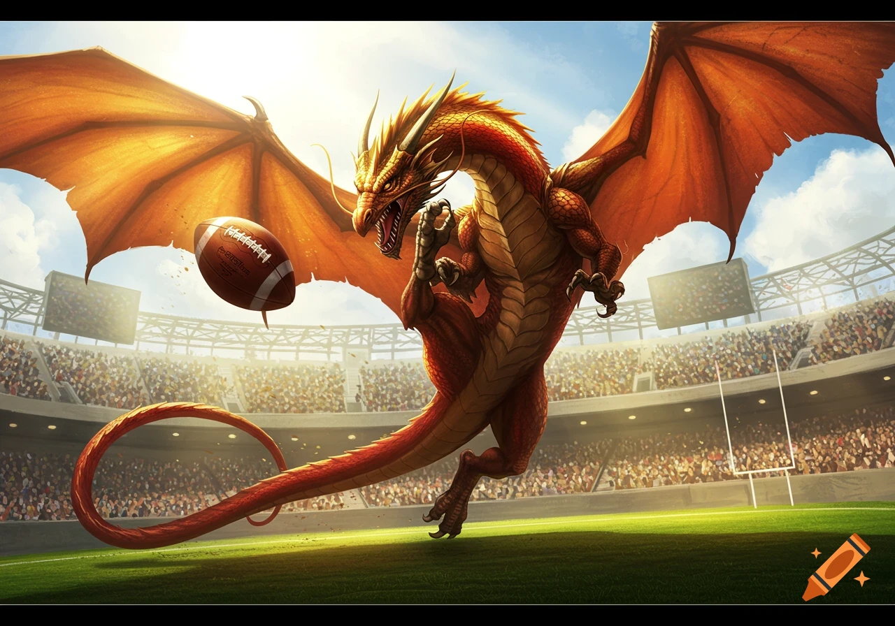 A majestic red and gold dragon in a stadium kicks a football into the air, with a crowd of spectators in the background. Digital art.