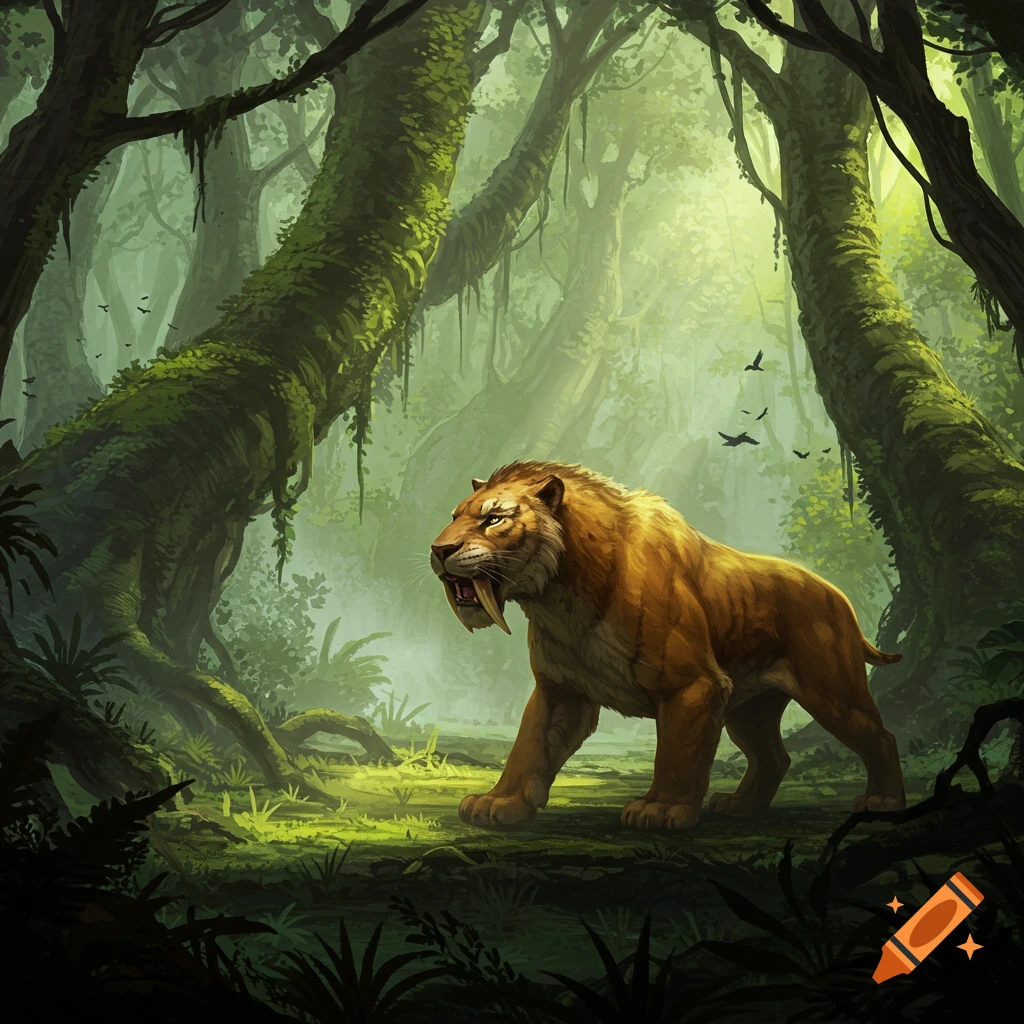 A powerful saber-toothed tiger stands in a lush, sunlit jungle, depicted in an illustrated style.