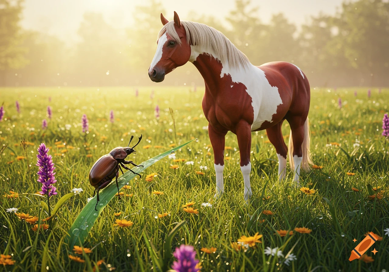 A photorealistic image of a red and white horse observing a brown beetle on a blade of grass in a sunny meadow with wildflowers.