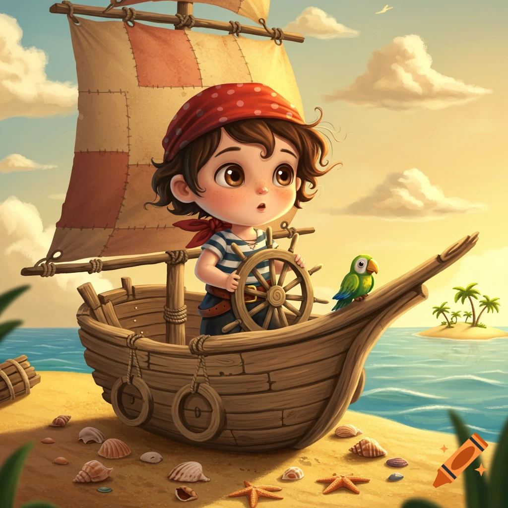 An illustrated child pirate with a red bandana steers a wooden boat on a sandy beach with shells and a parrot, overlooking the ocean at sunset.