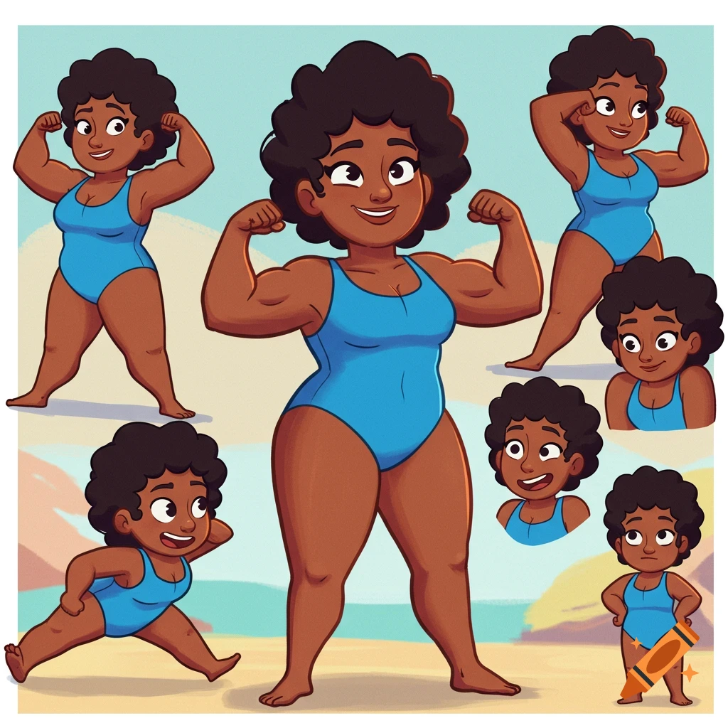 Cartoon model sheet of a dark-skinned woman with curly hair in a blue swimsuit, flexing and posing on a beach.