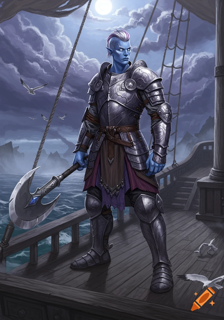 A blue-skinned male fantasy character in full plate armor stands on a ship deck, holding a large axe under a moonlit sky.