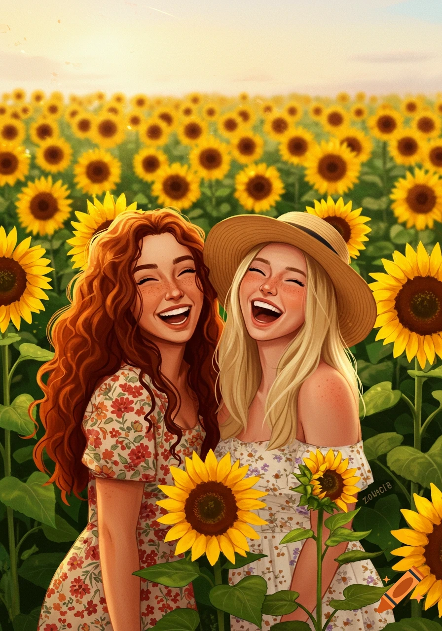 Illustration of two happy women with red and blonde hair smiling widely in a vibrant sunflower field.