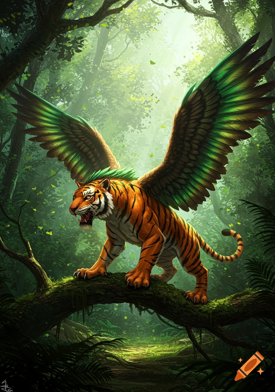 A majestic winged tiger with green-feathered wings roars on a mossy tree branch in a vibrant, sunlit jungle. Digital painting.
