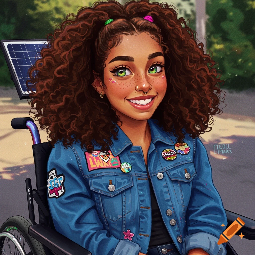 A stylized portrait of a smiling young woman with curly brown hair and green eyes, wearing a denim jacket covered in patches, sitting in a wheelchair with a solar panel.