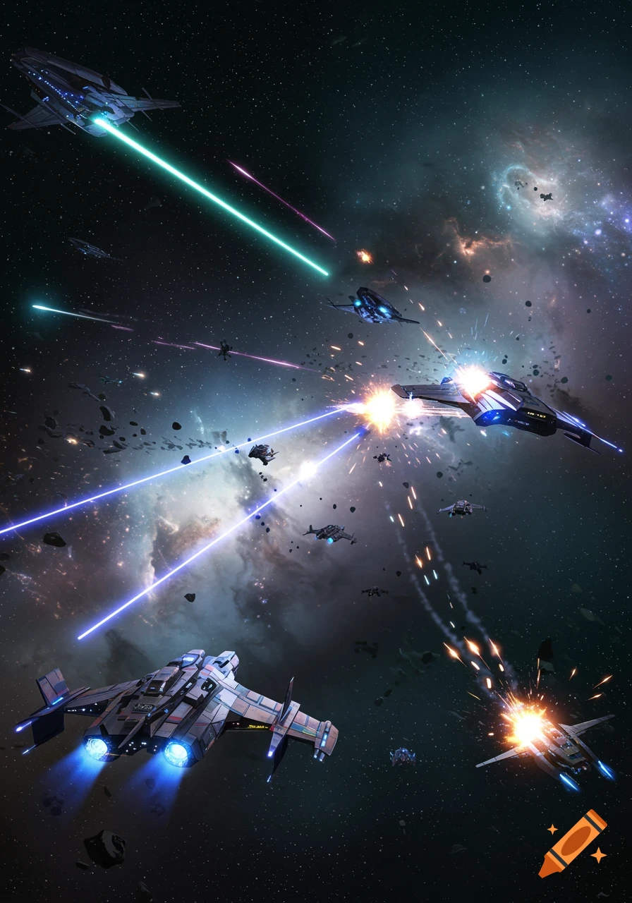 Spaceships engaged in a fierce laser and missile battle amidst asteroids and cosmic nebulae.