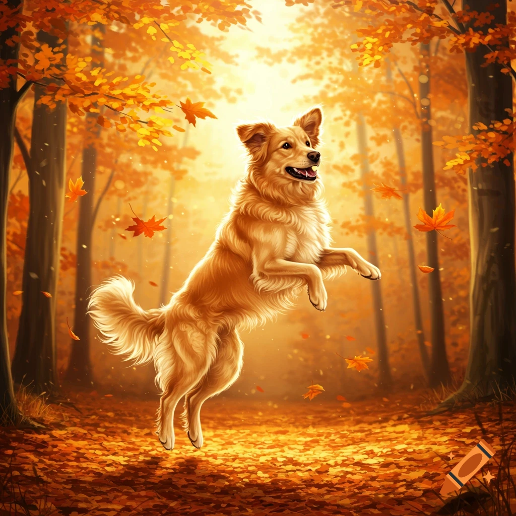 A golden-colored dog jumps in an autumn forest with golden leaves falling and bright sunlight.
