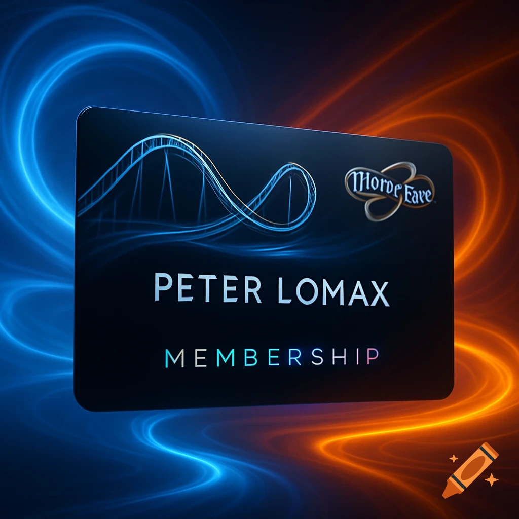 A dark membership card for Peter Lomax with a rollercoaster design and 'Morve Fave' logo, against a swirling blue and orange light background.