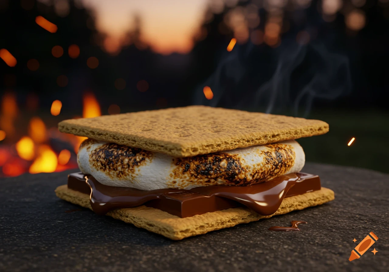 A photorealistic s'more with a perfectly toasted marshmallow and melted chocolate between graham crackers, set against a blurred campfire background.