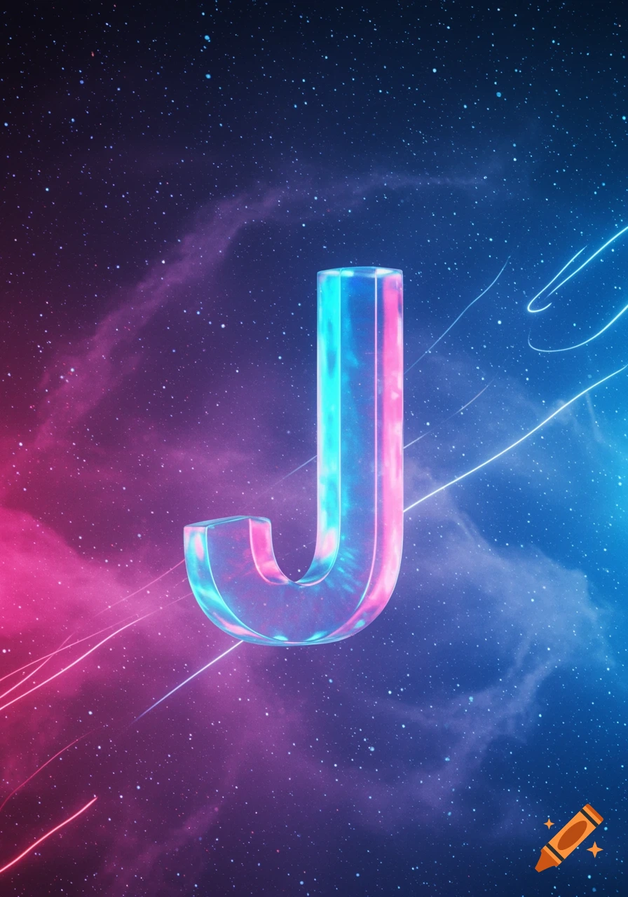 A luminous, iridescent letter 'J' floats against a vibrant purple and blue cosmic background filled with stars and nebulae.