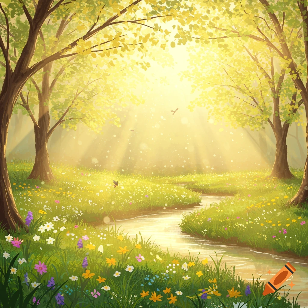 A vibrant digital painting of a sunlit spring forest with a winding stream through a meadow of colorful wildflowers.