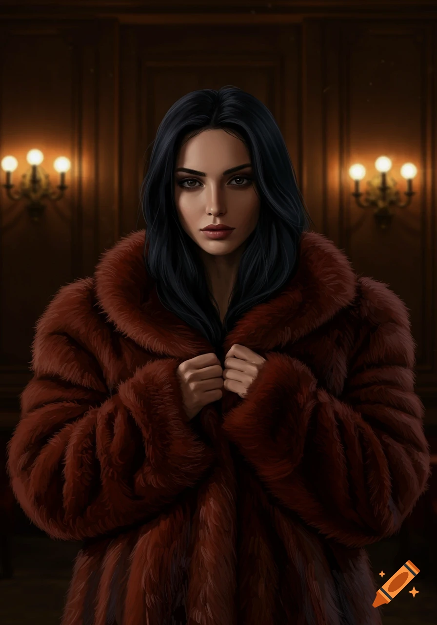 A dark-haired woman in a red fur coat stands in a dimly lit room with wall sconces.