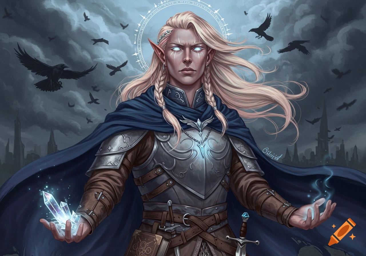 An elf warrior with glowing eyes, long blonde hair, armored in a blue cloak, holds glowing crystals and magic amidst a stormy city skyline with crows.