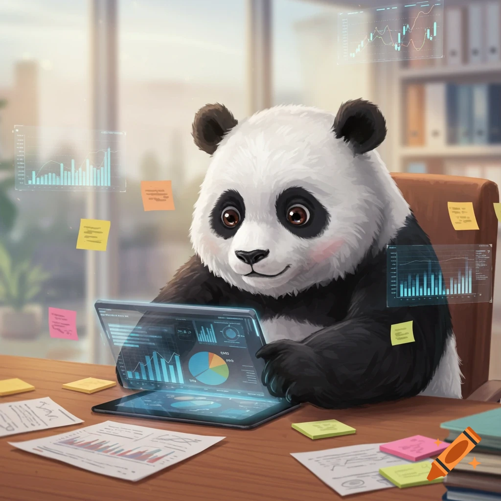 A cute cartoon panda sits at a desk, looking at a holographic laptop screen displaying business analytics charts and graphs.