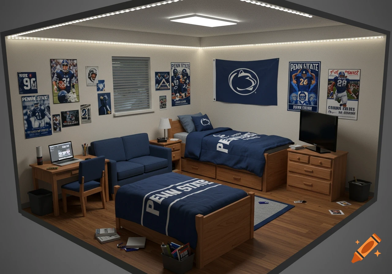 A photorealistic college dorm room for a Penn State student, featuring two beds with blue Penn State bedding, a blue couch, a desk with a laptop, a dresser with a TV, and walls adorned with Penn State flags and sports posters.