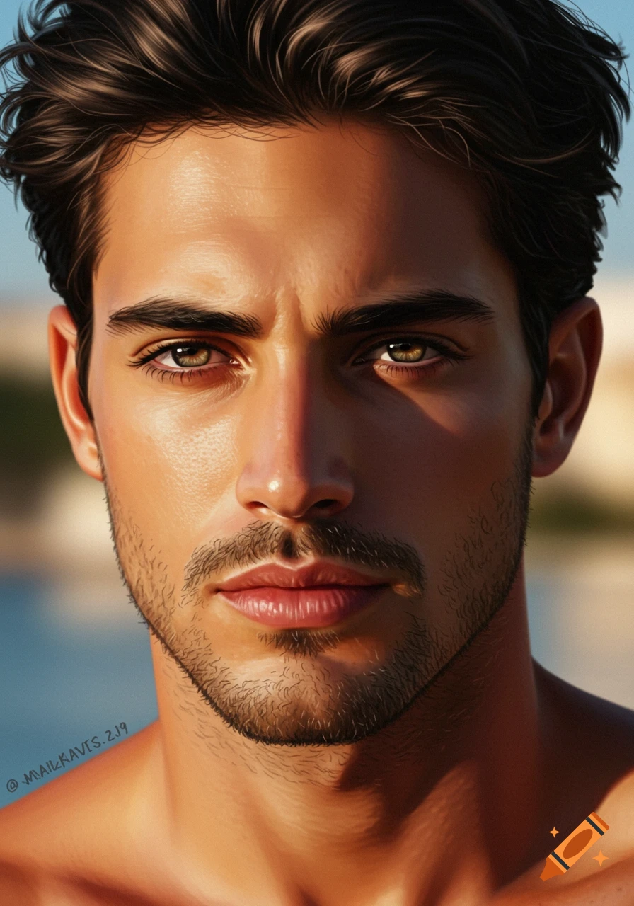 Close-up photorealistic portrait of a handsome man with dark hair and striking eyes, looking directly at the viewer.