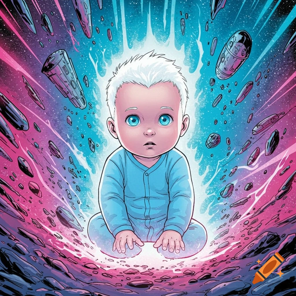 A white-haired baby with blue eyes in a light blue onesie, floating amidst debris in a vibrant pink and blue cosmic energy field, in a Marvel comic style.