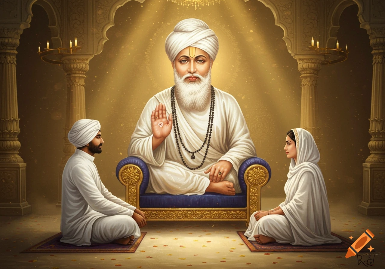 A revered spiritual leader in a white turban and robes sits on a golden throne in a golden temple, with two devotees kneeling before him.