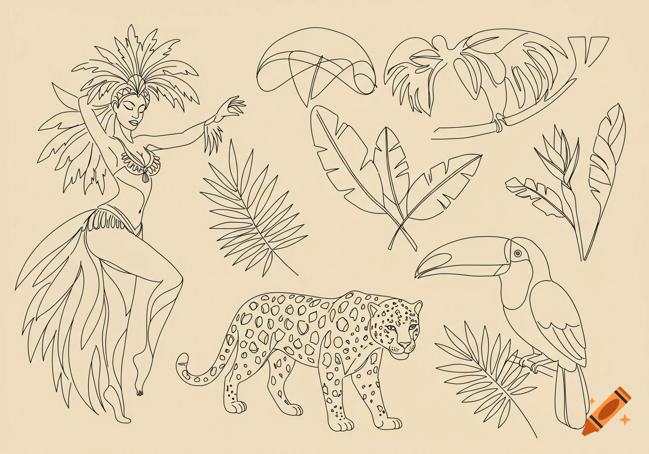 Line art design featuring a samba dancer, a leopard, a toucan, and tropical leaves on a light background.
